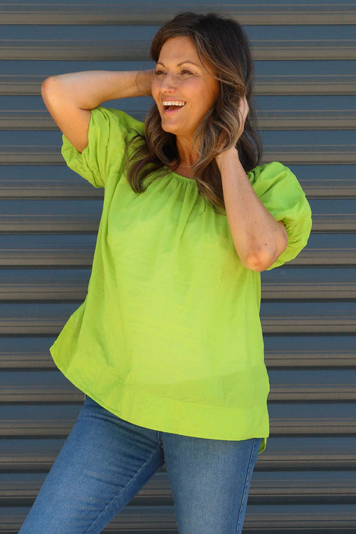 Bude Puff Sleeve Cotton Top Green - Image 2