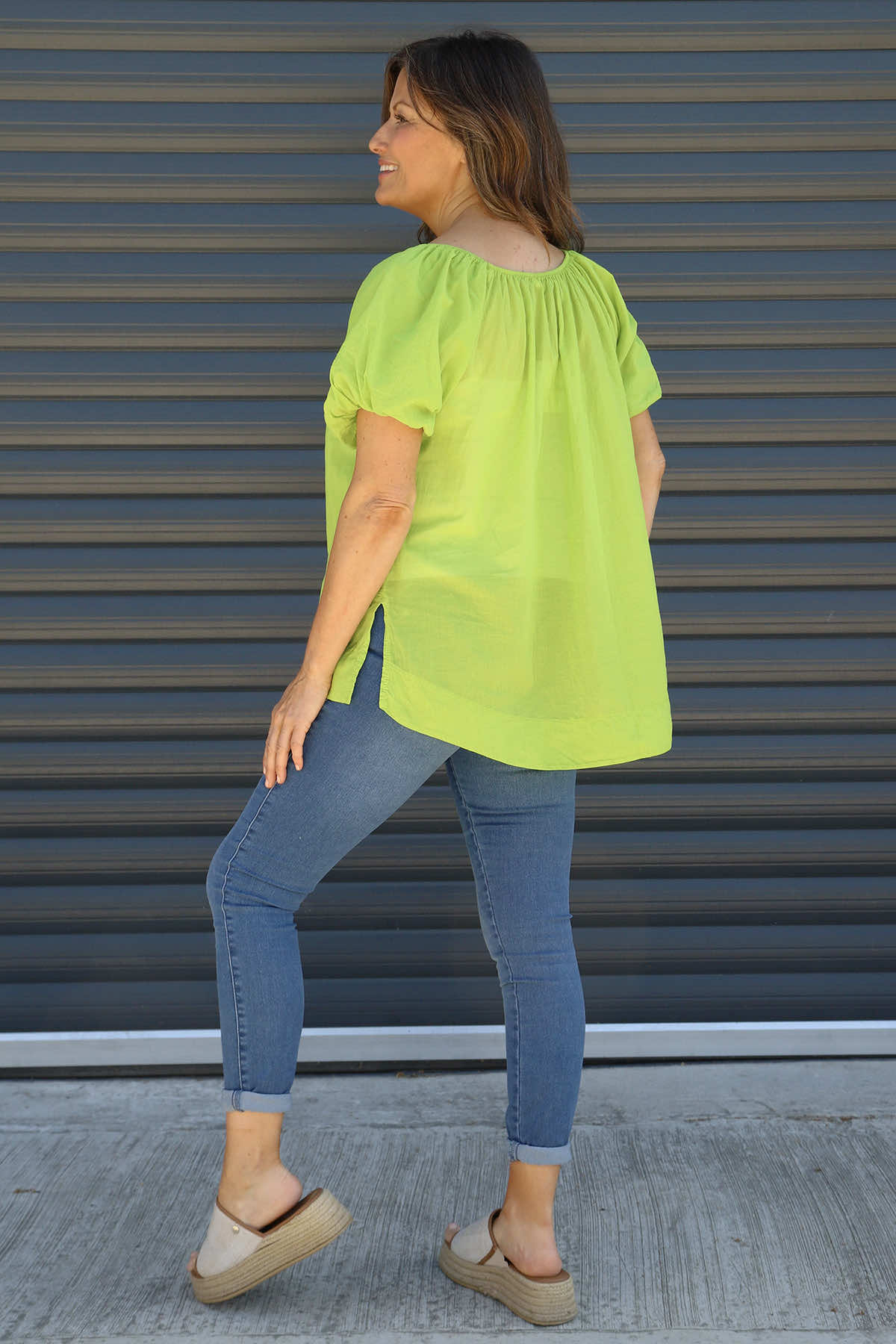 Bude Puff Sleeve Cotton Top Green