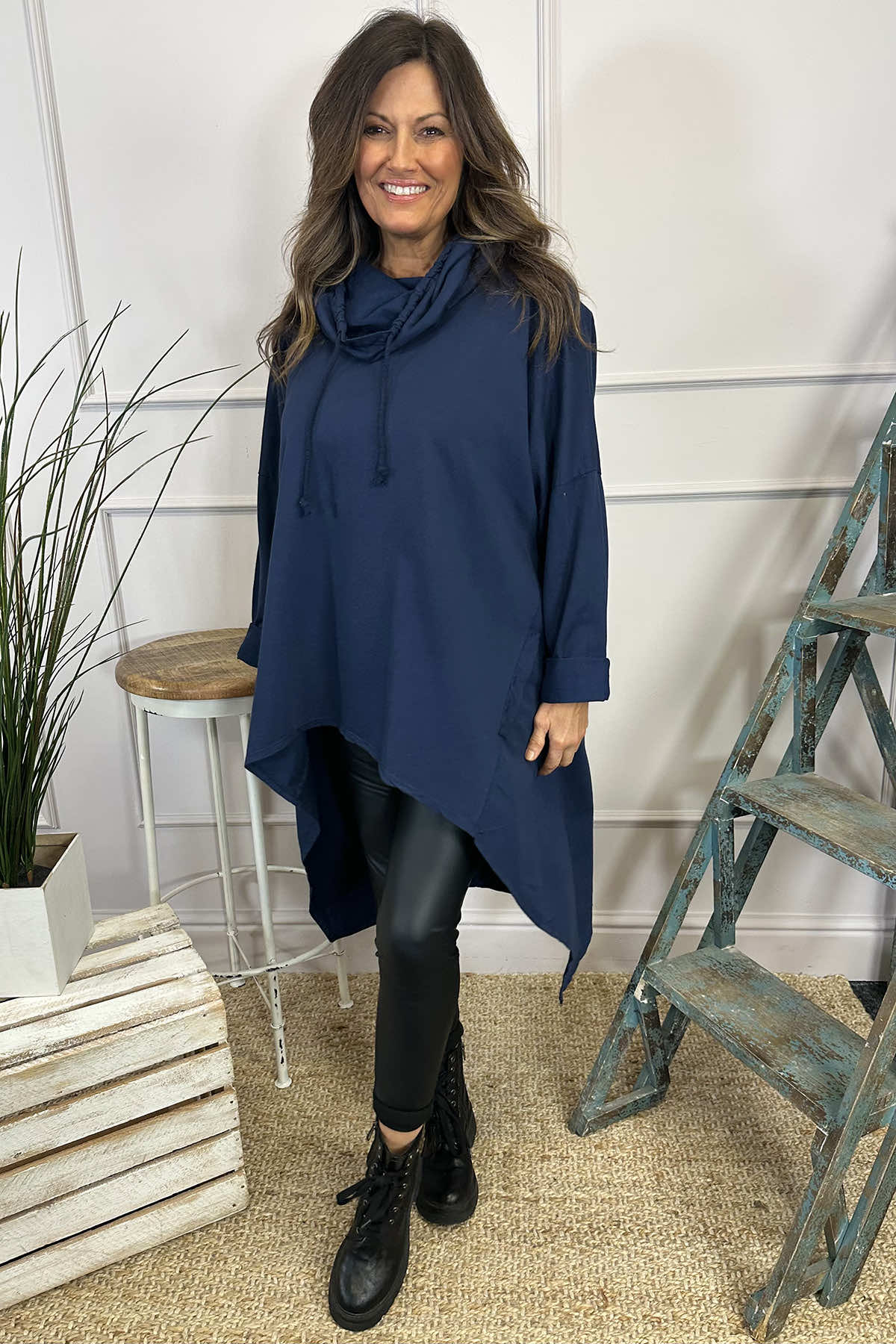 Evita Cowl Neck Cotton Top Navy