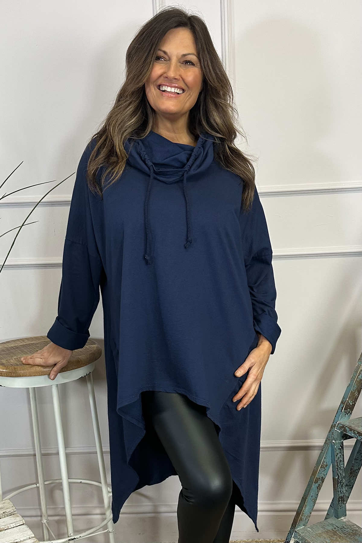 Evita Cowl Neck Cotton Top Navy