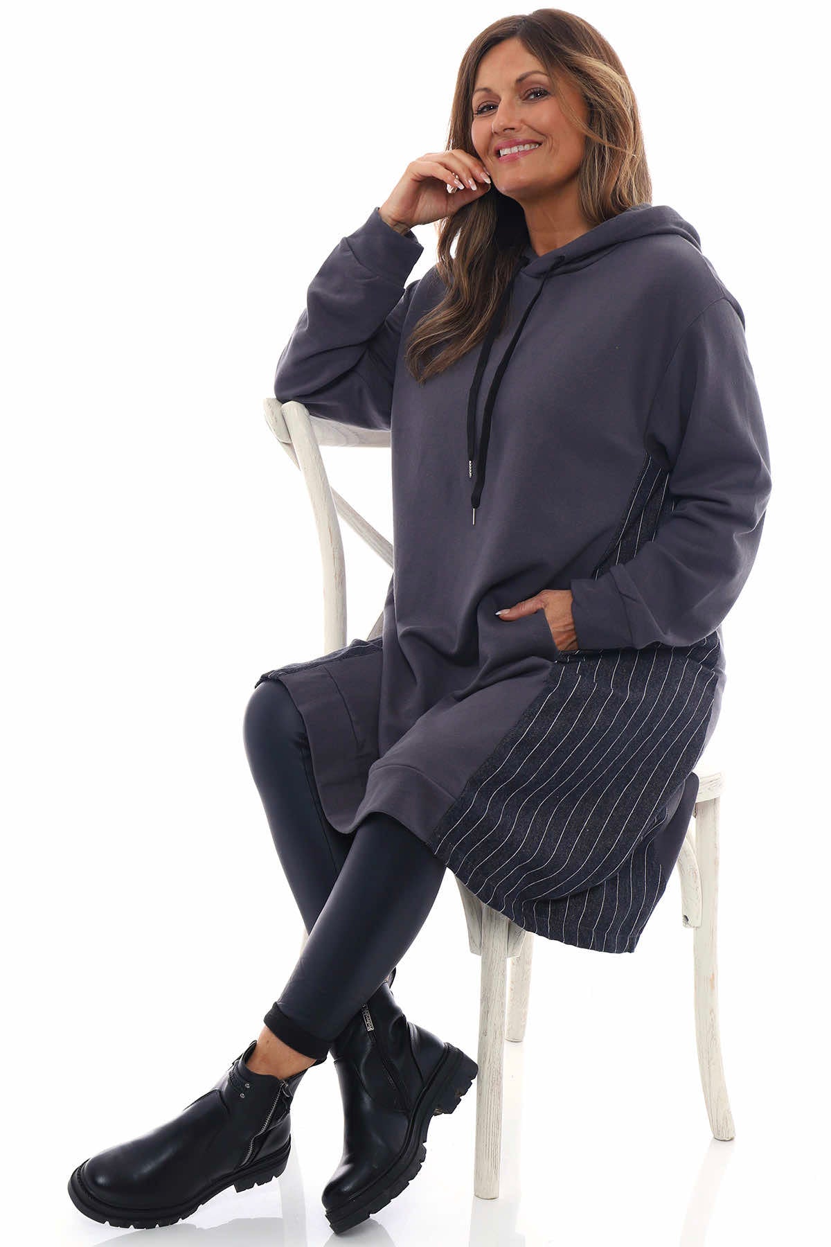 Anya Stripe Hooded Cotton Tunic Mid Grey