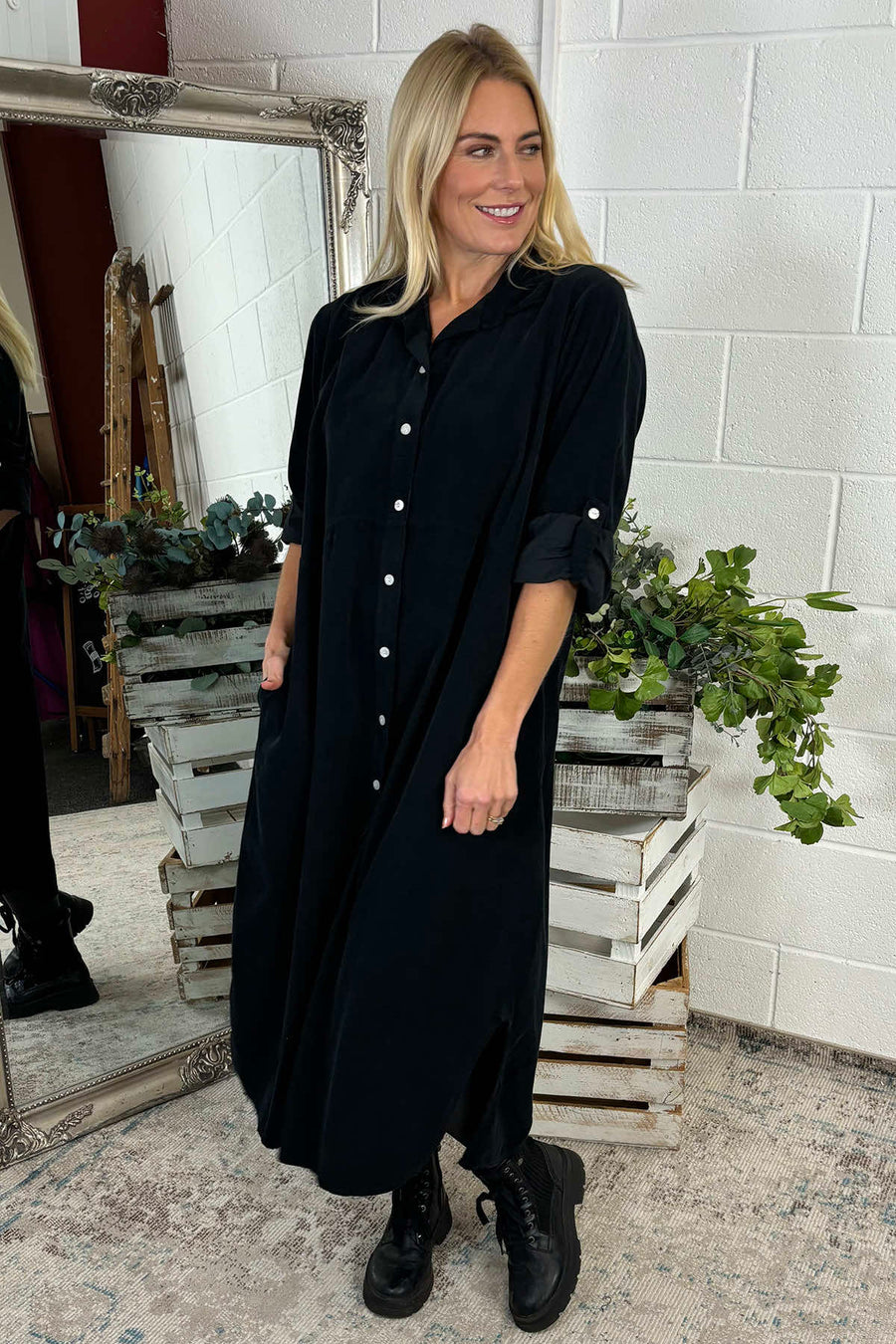 Sadie Needlecord Cotton Shirt Dress Black