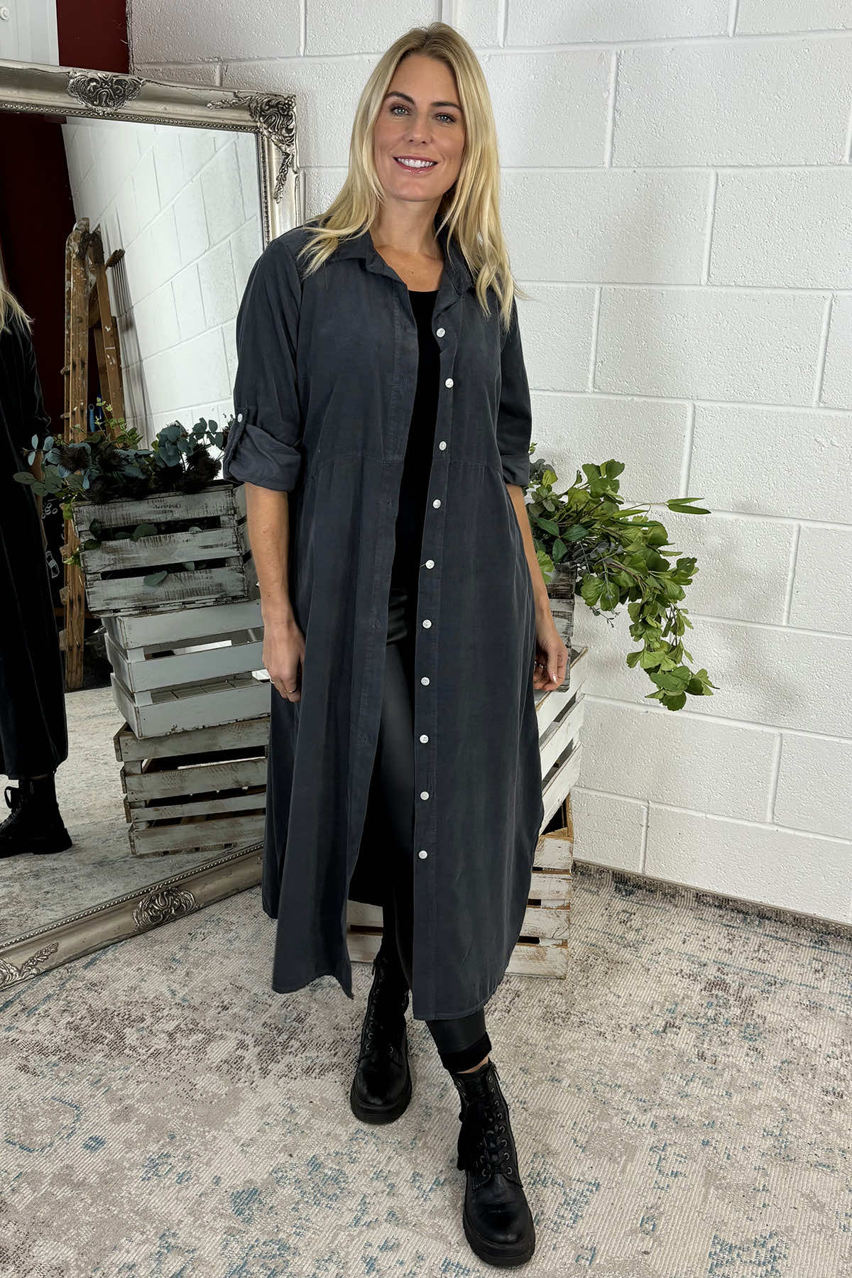 Sadie Needlecord Cotton Shirt Dress Charcoal