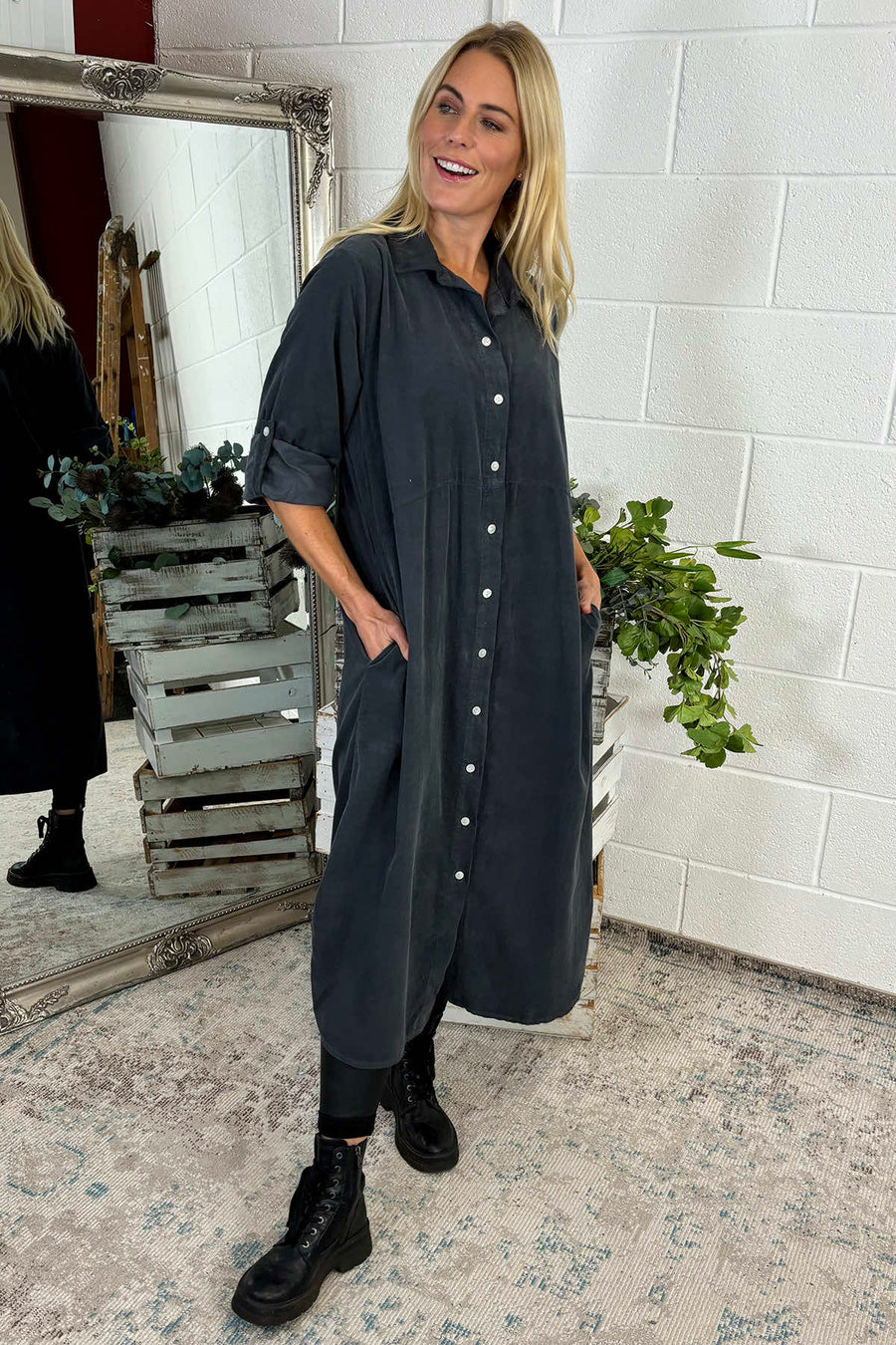 Sadie Needlecord Cotton Shirt Dress Charcoal