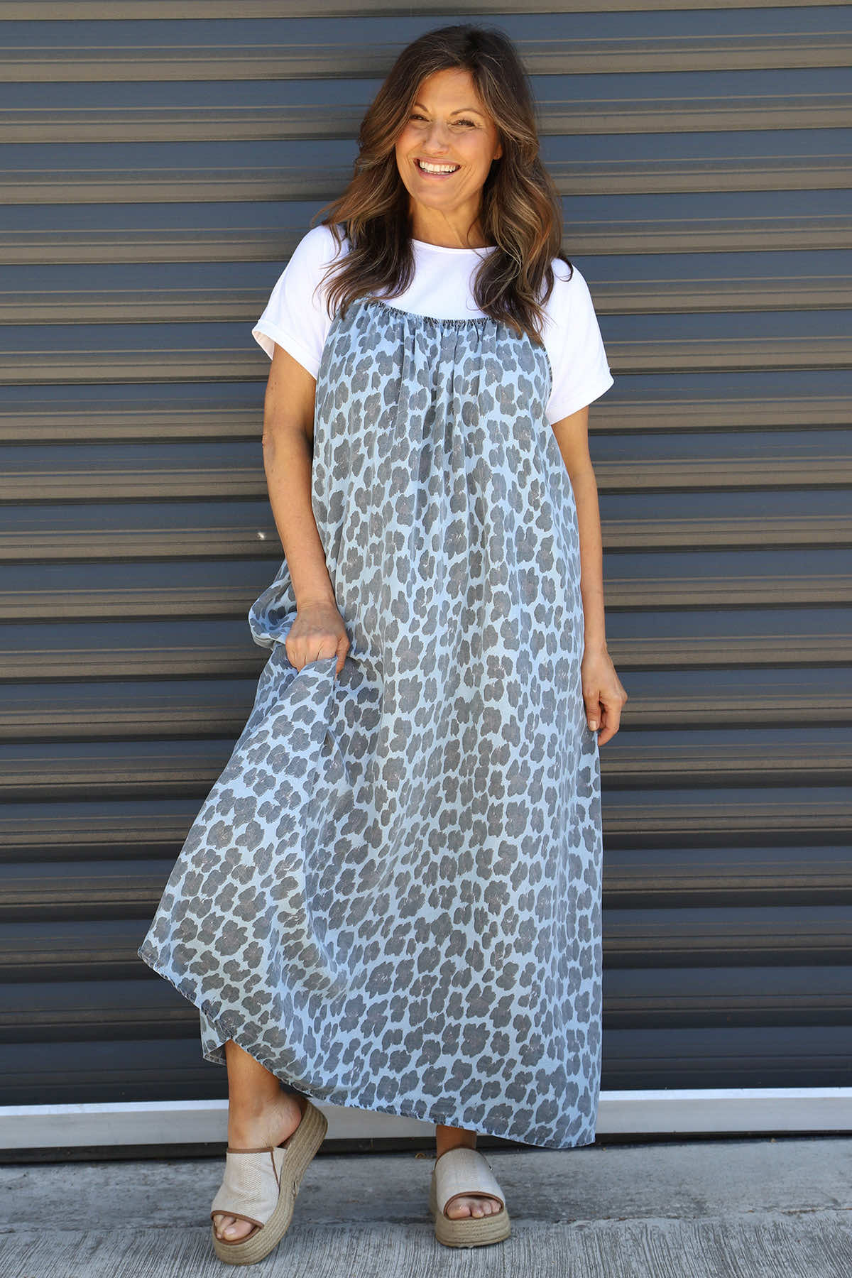 Lantic Strap Leopard Print Denim Dress Light Denim