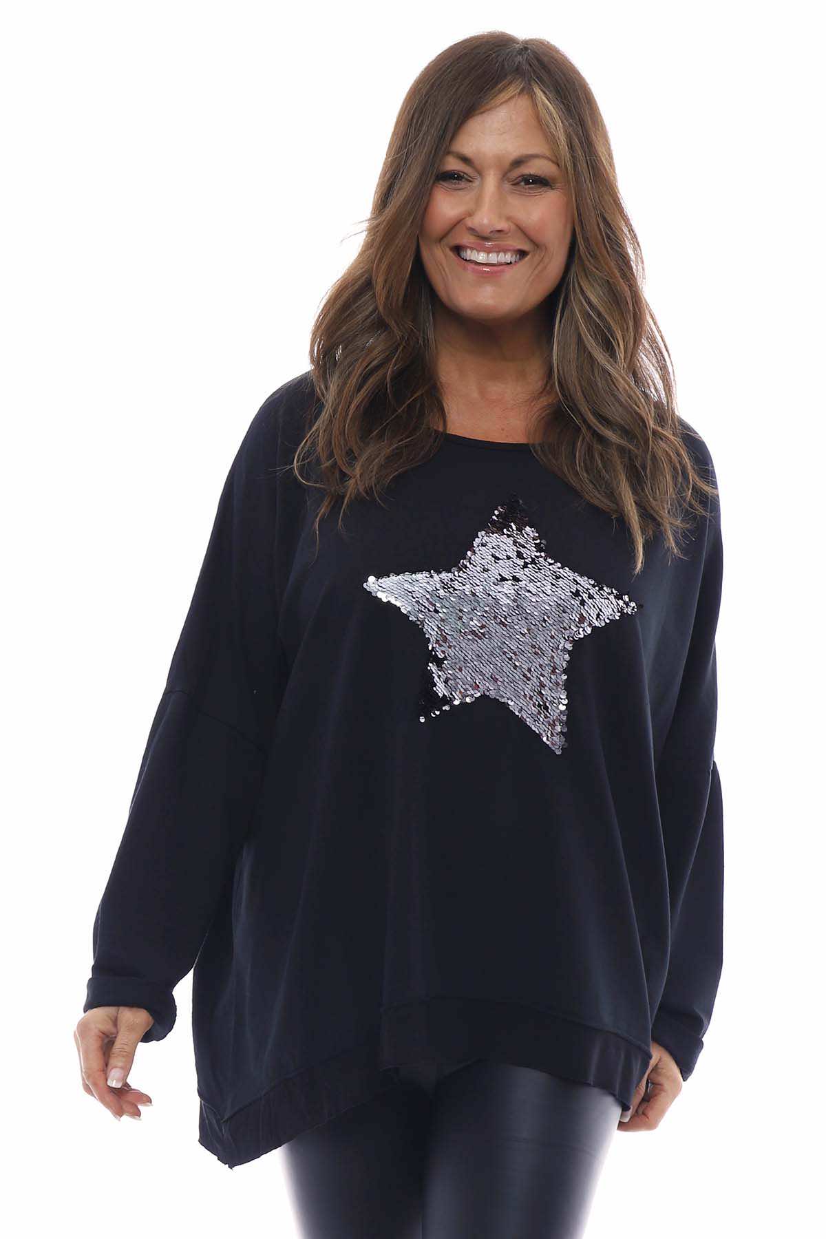 Selsey Sequin Star Cotton Top Black