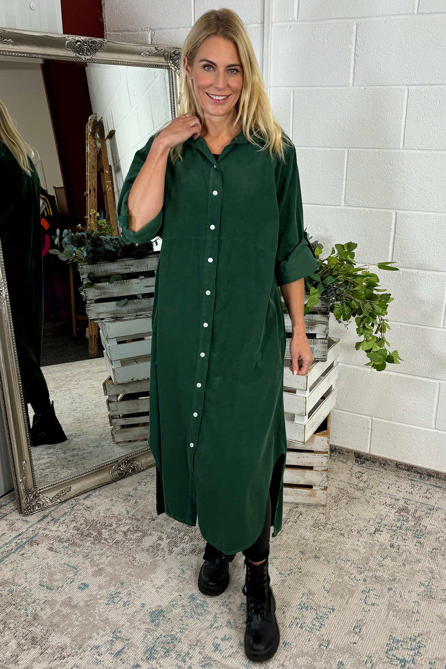 Sadie Needlecord Cotton Shirt Dress Bottle Green