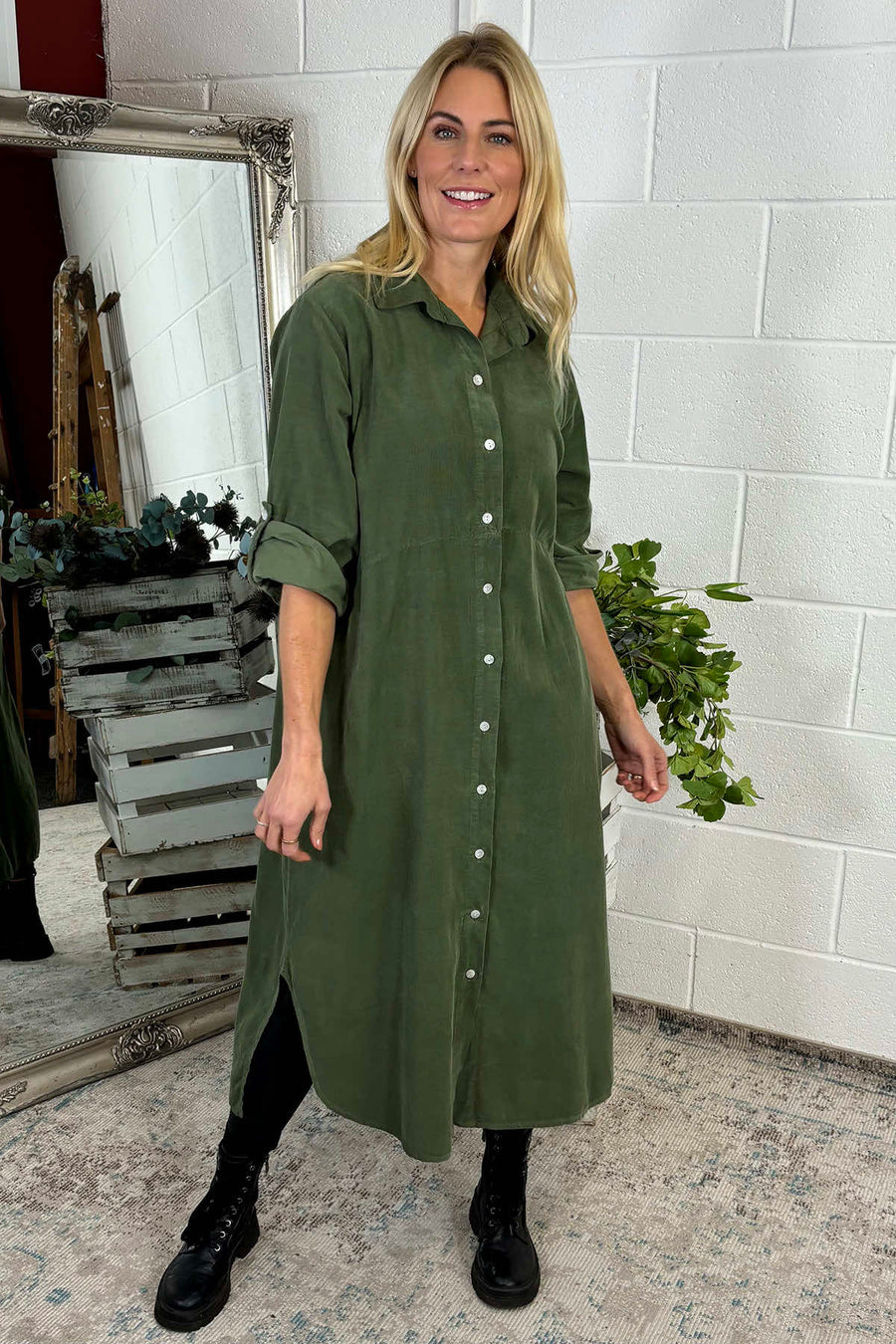 Sadie Needlecord Cotton Shirt Dress Khaki