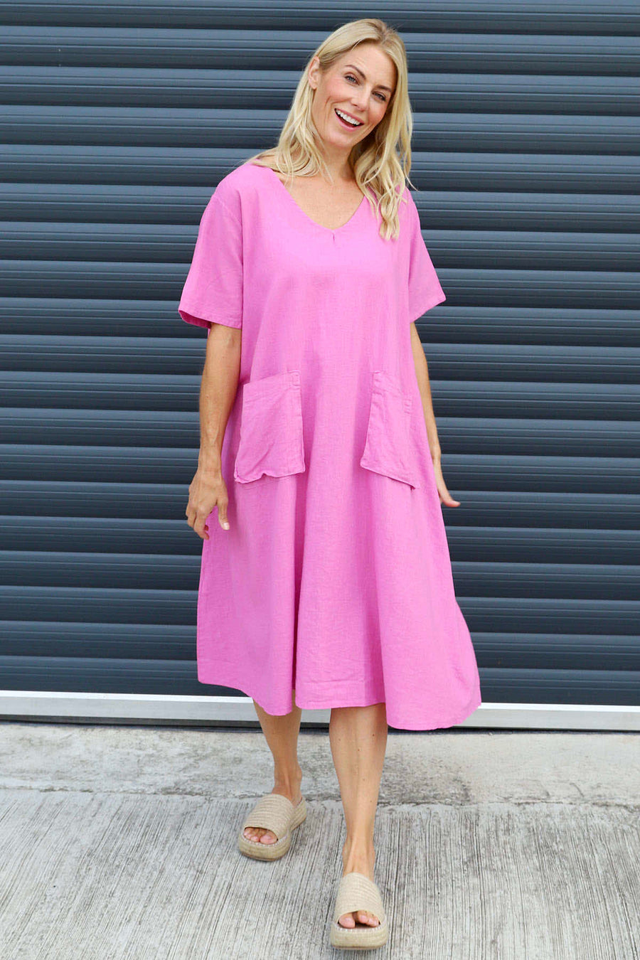 Solange Pocket Linen Dress Fuchsia
