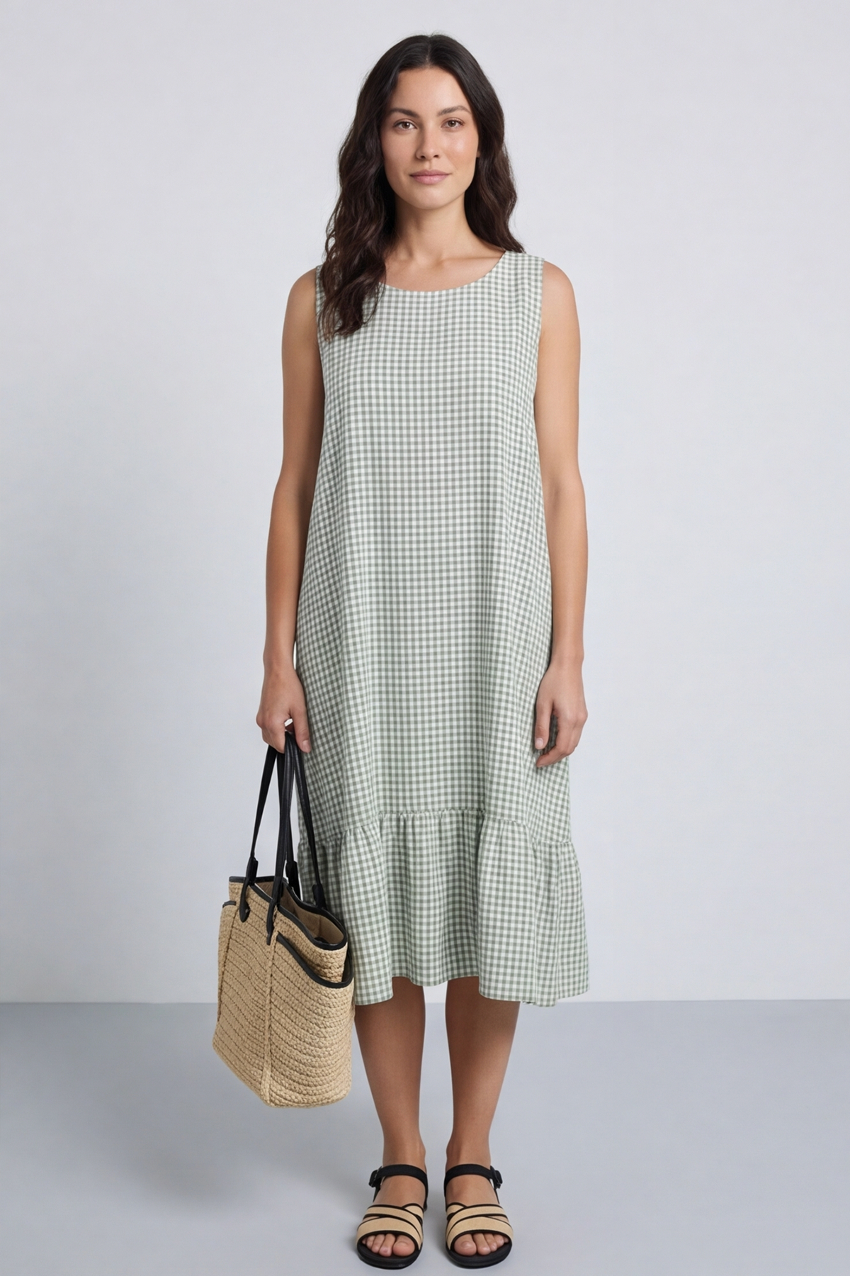 Imani Sleeveless Gingham Dress Khaki
