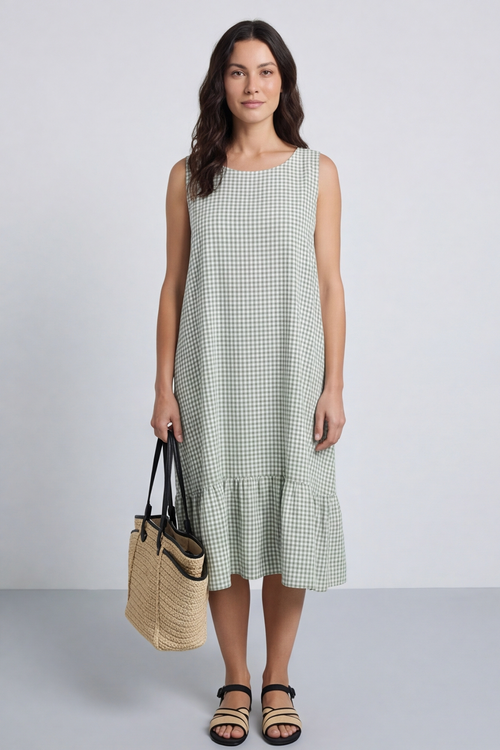 Imani Sleeveless Gingham Dress Khaki - Image 1
