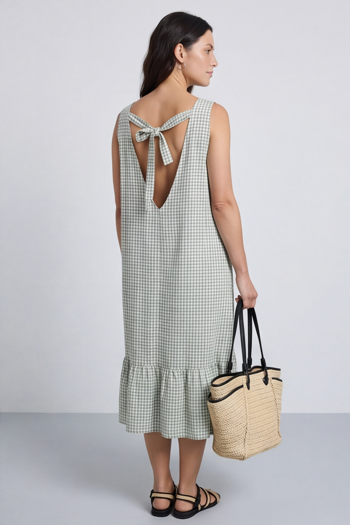 Imani Sleeveless Gingham Dress Khaki