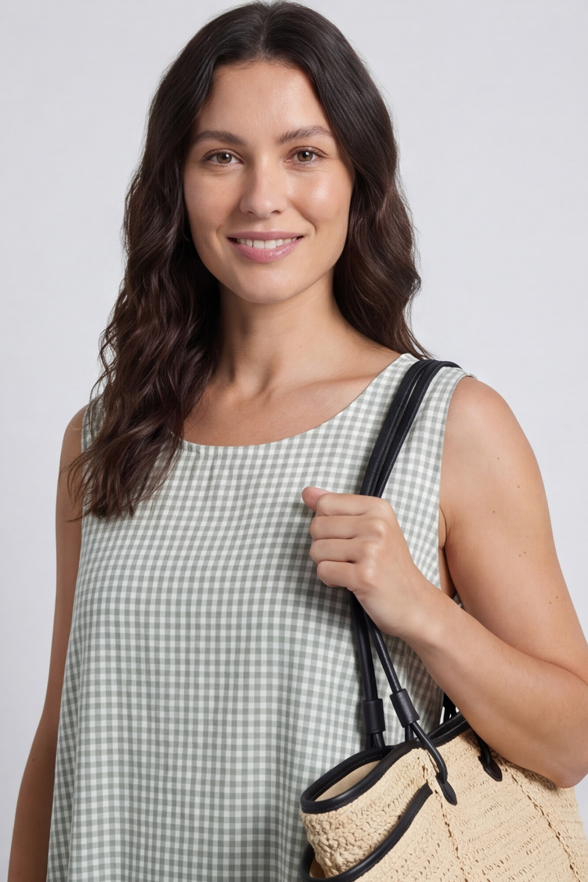 Imani Sleeveless Gingham Dress Khaki