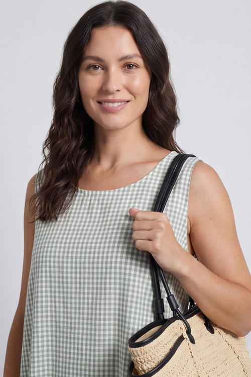 Imani Sleeveless Gingham Dress Khaki - Image 3