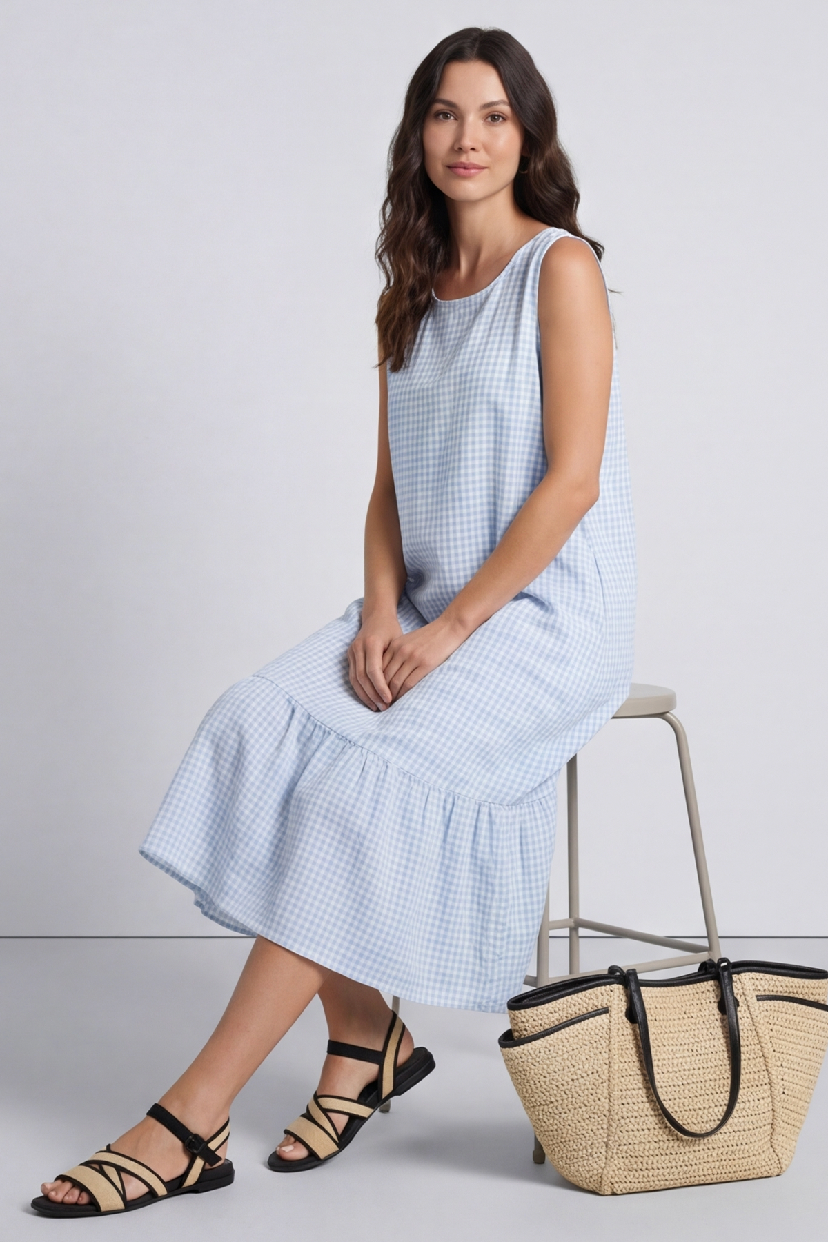 Imani Sleeveless Gingham Dress Light Blue