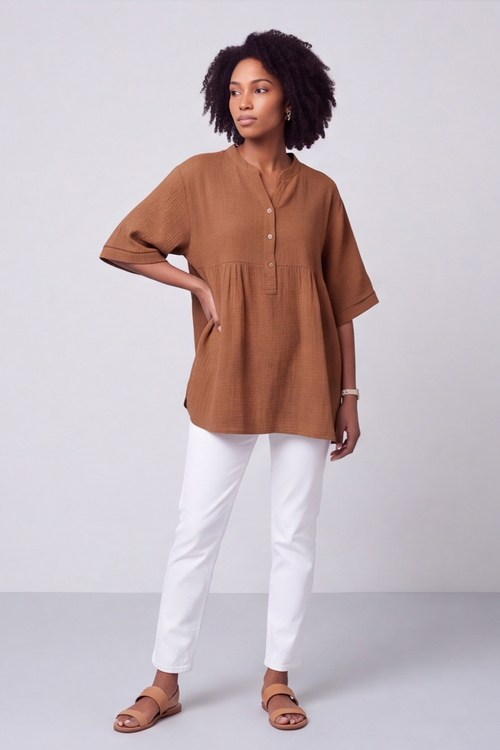 Indi Button Cotton Brown Top - Image 2