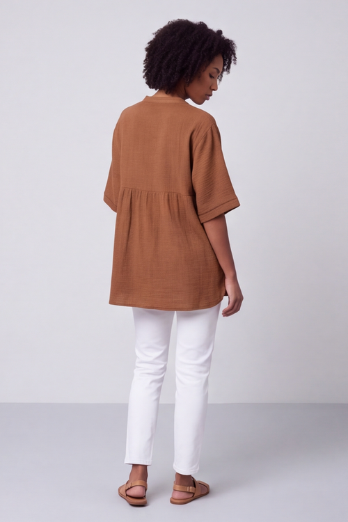 Indi Button Cotton Brown Top - Image 3