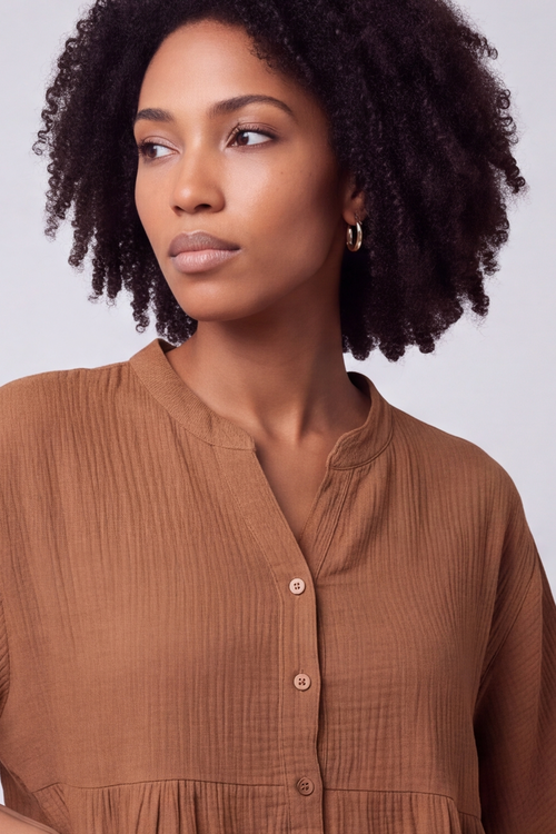 Indi Button Cotton Brown Top - Image 4