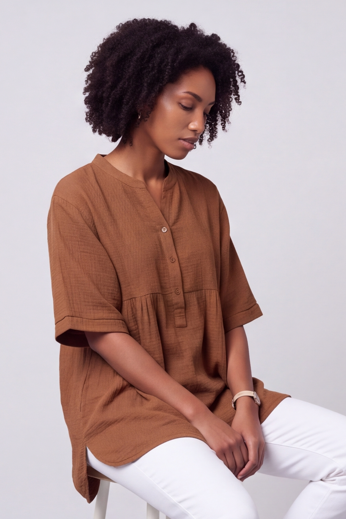 Indi Button Cotton Brown Top