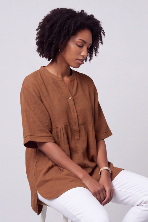 Indi Button Cotton Brown Top - Image 5
