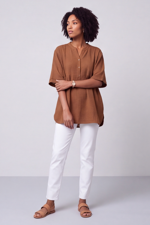 Indi Button Cotton Brown Top - Image 6