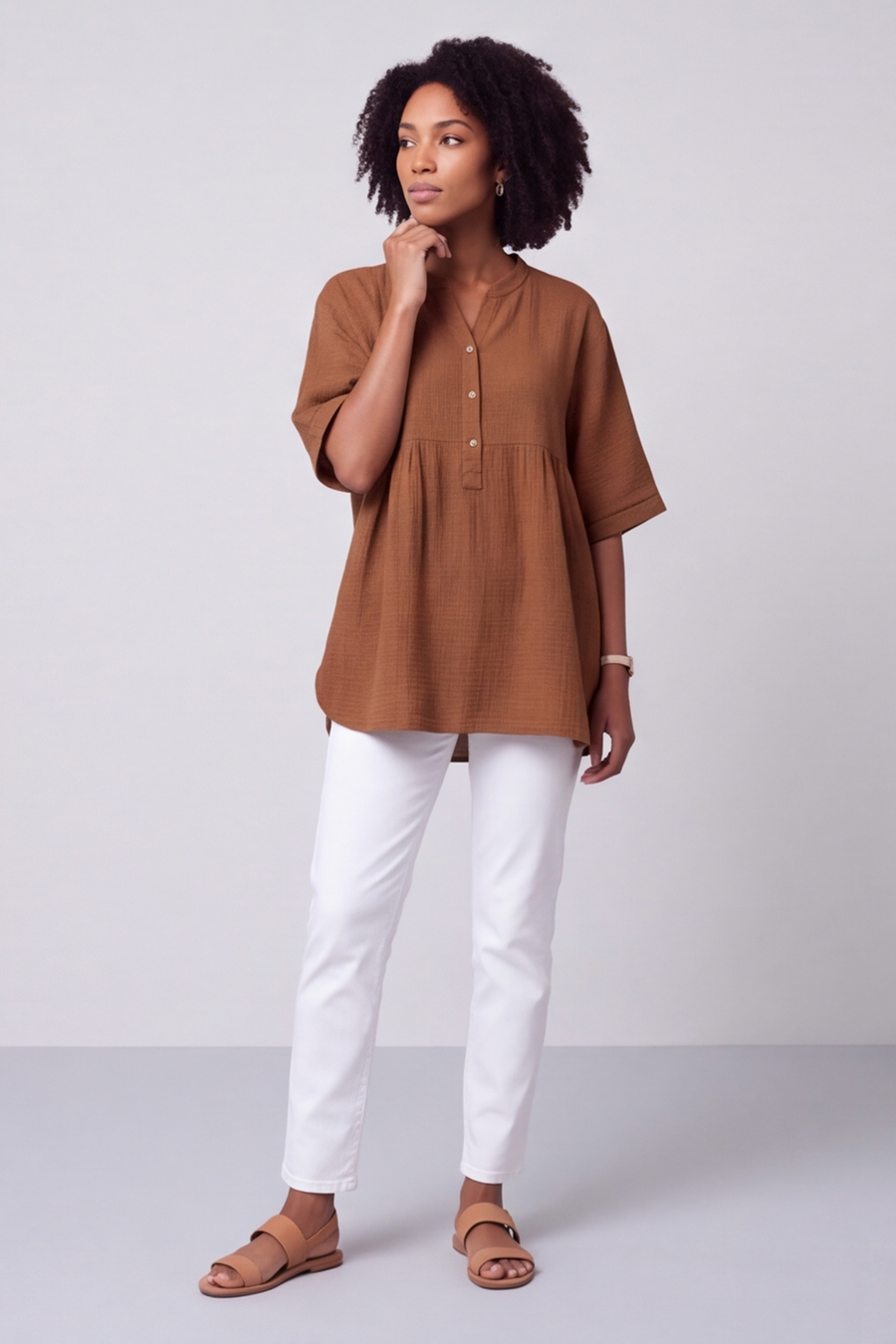 Indi Button Cotton Brown Top