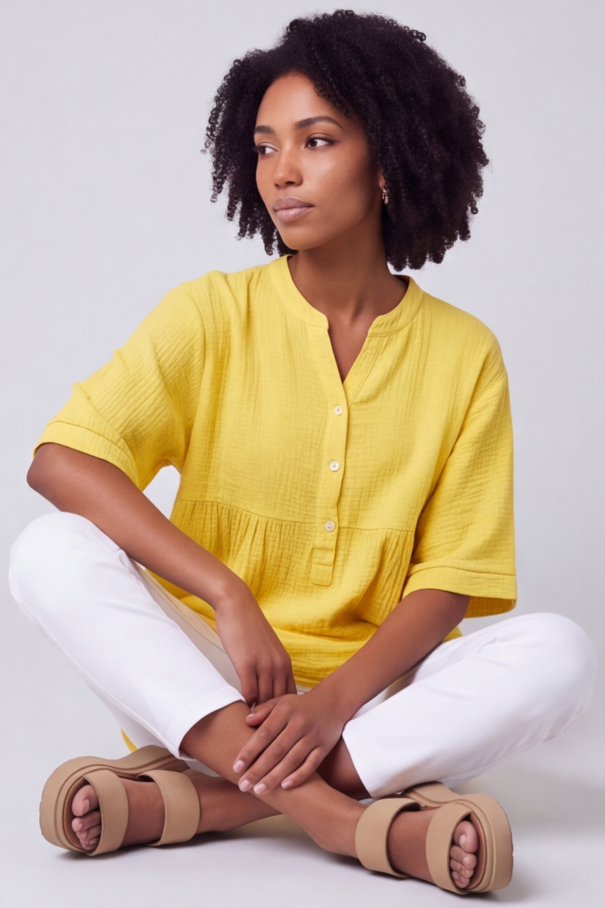 Indi Button Cotton Yellow Top