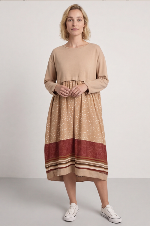Janette Pattern Cotton Dress Camel - Image 4