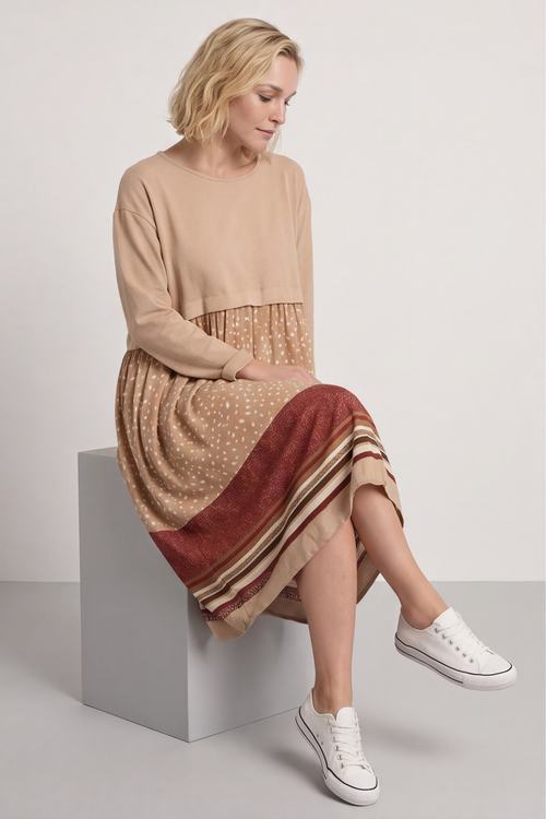 Janette Pattern Cotton Dress Camel