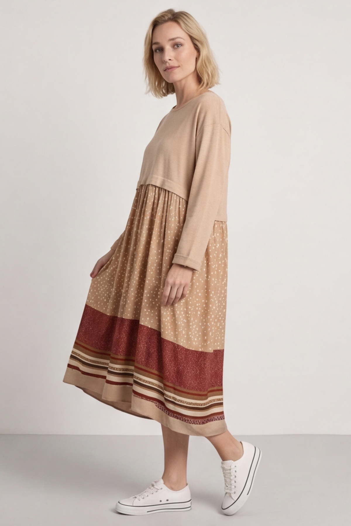 Janette Pattern Cotton Dress Camel