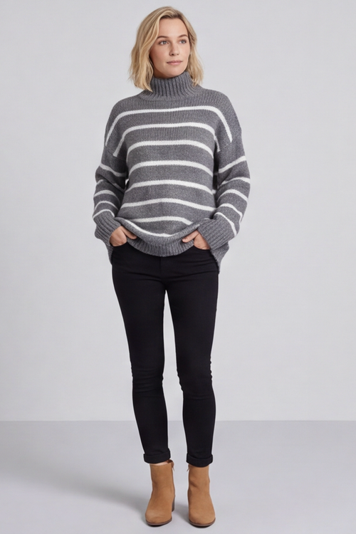 Joella Stripe Knitted Jumper Mid Grey - Image 4