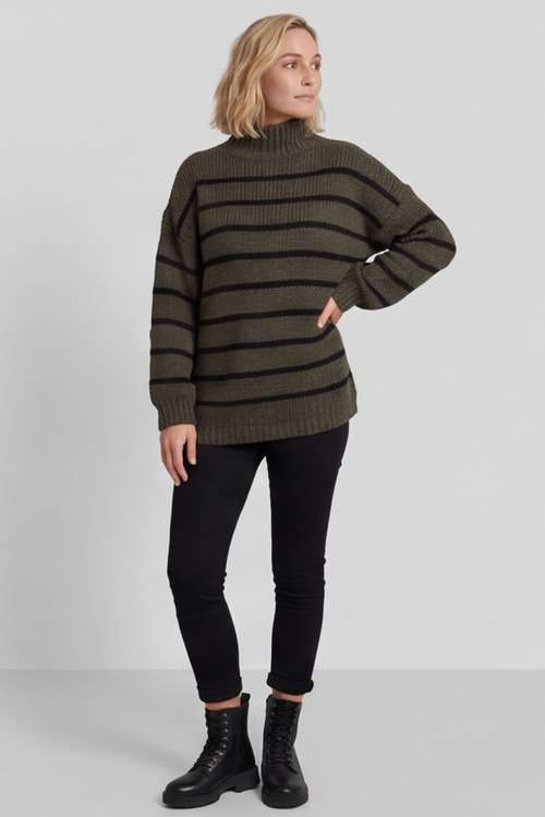 Joella Stripe Knitted Jumper Khaki - Image 3