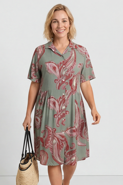Jojo Print Button Dress Khaki