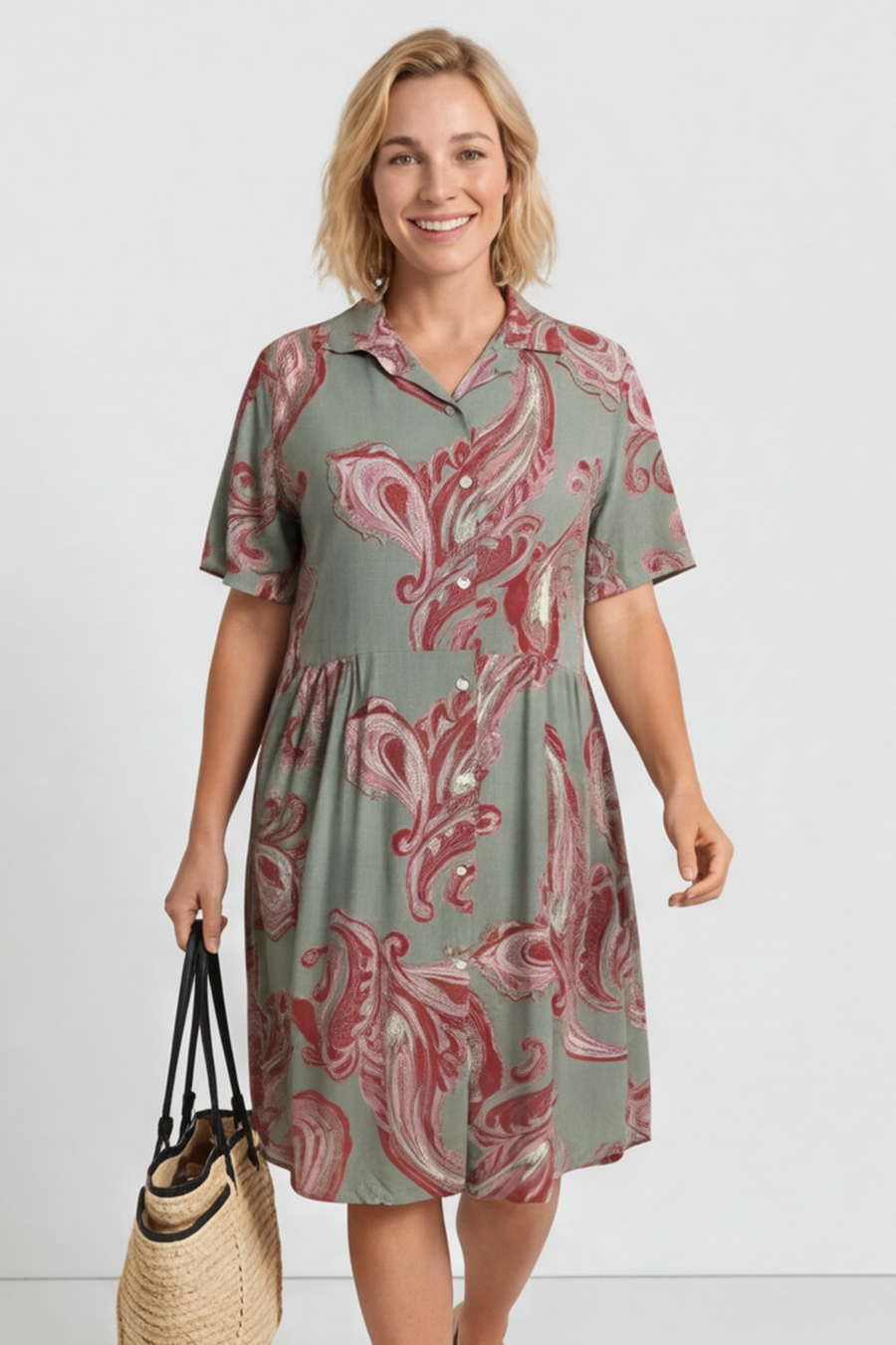 Jojo Print Button Dress Khaki