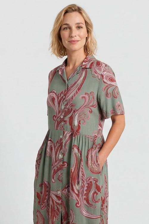 Jojo Print Button Dress Khaki - Image 2