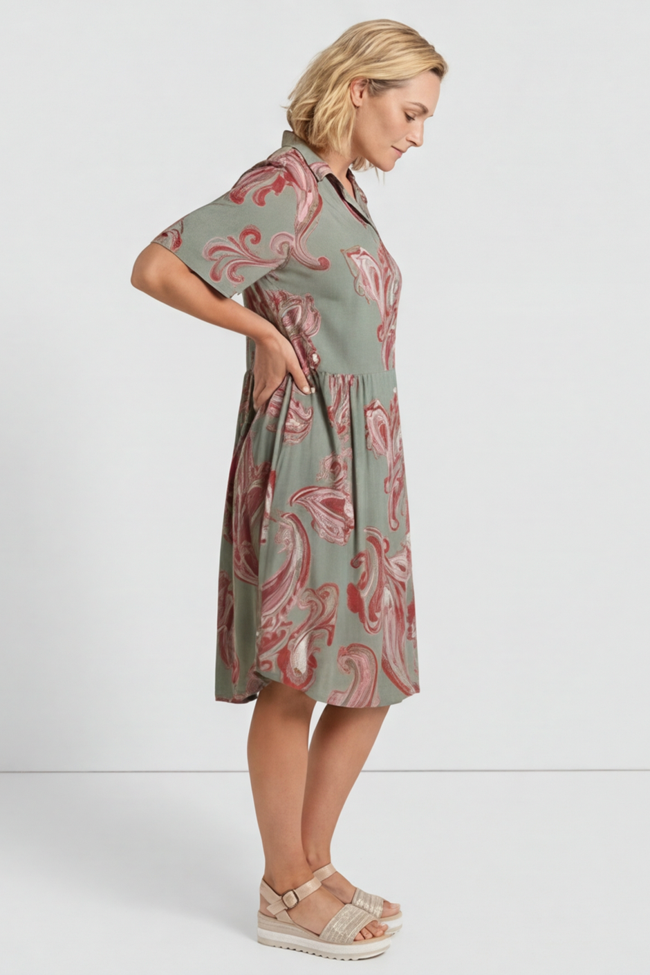 Jojo Print Button Dress Khaki