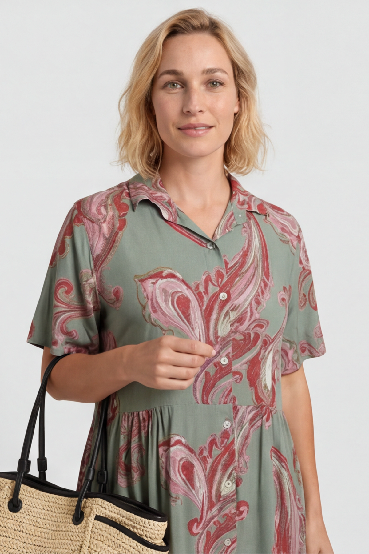 Jojo Print Button Dress Khaki