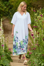Whitstable V Neck Print Linen Dress White White - Whitstable V Neck Print Linen Dress White