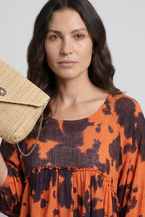 Kadenzia Ink Print Cotton Tunic Orange - Image 3