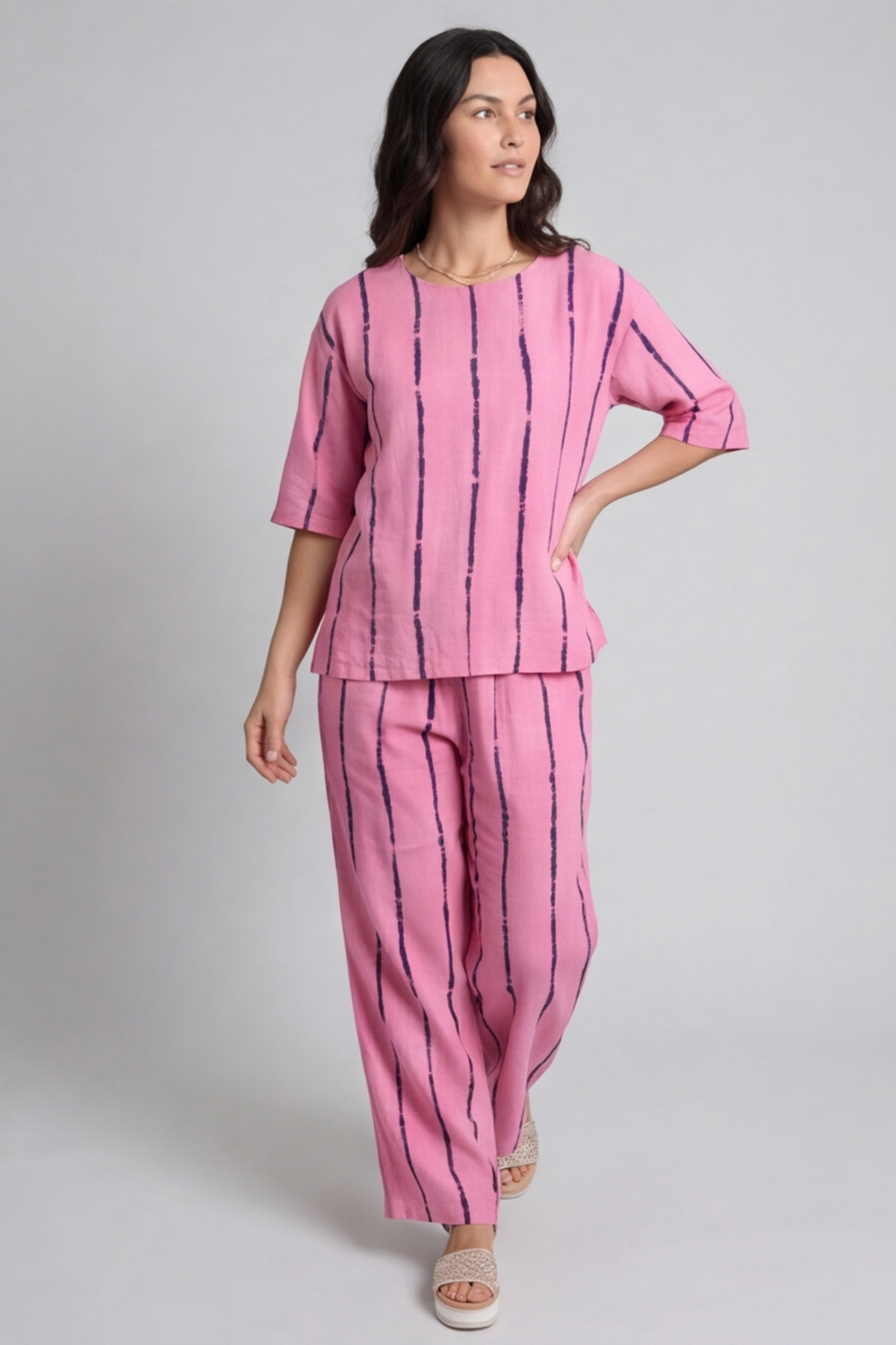 Kalia Stripe Linen Top Fuchsia