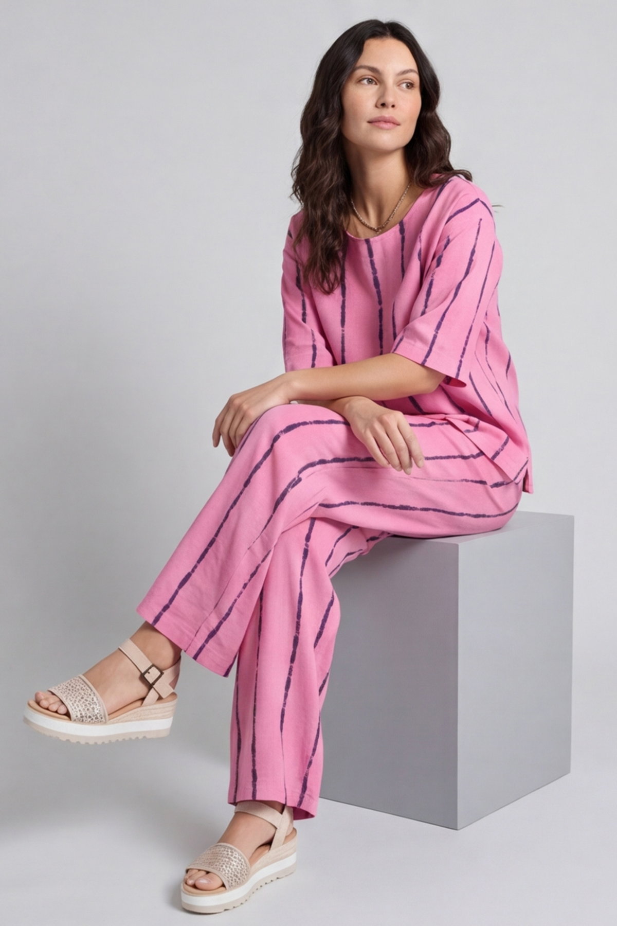 Kalia Stripe Linen Top Fuchsia