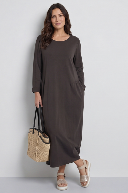 Kayleigh Long Sleeve Cotton Dress Charcoal - Image 1