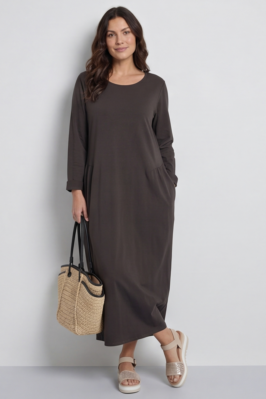 Kayleigh Long Sleeve Cotton Dress Charcoal