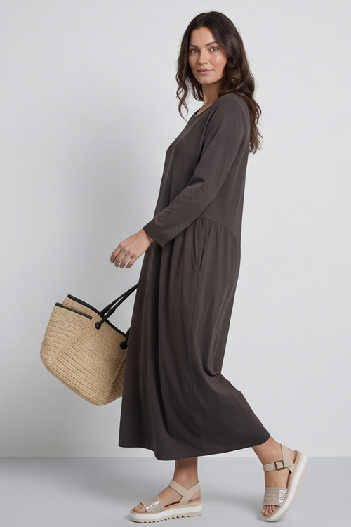 Kayleigh Long Sleeve Cotton Dress Charcoal - Image 2