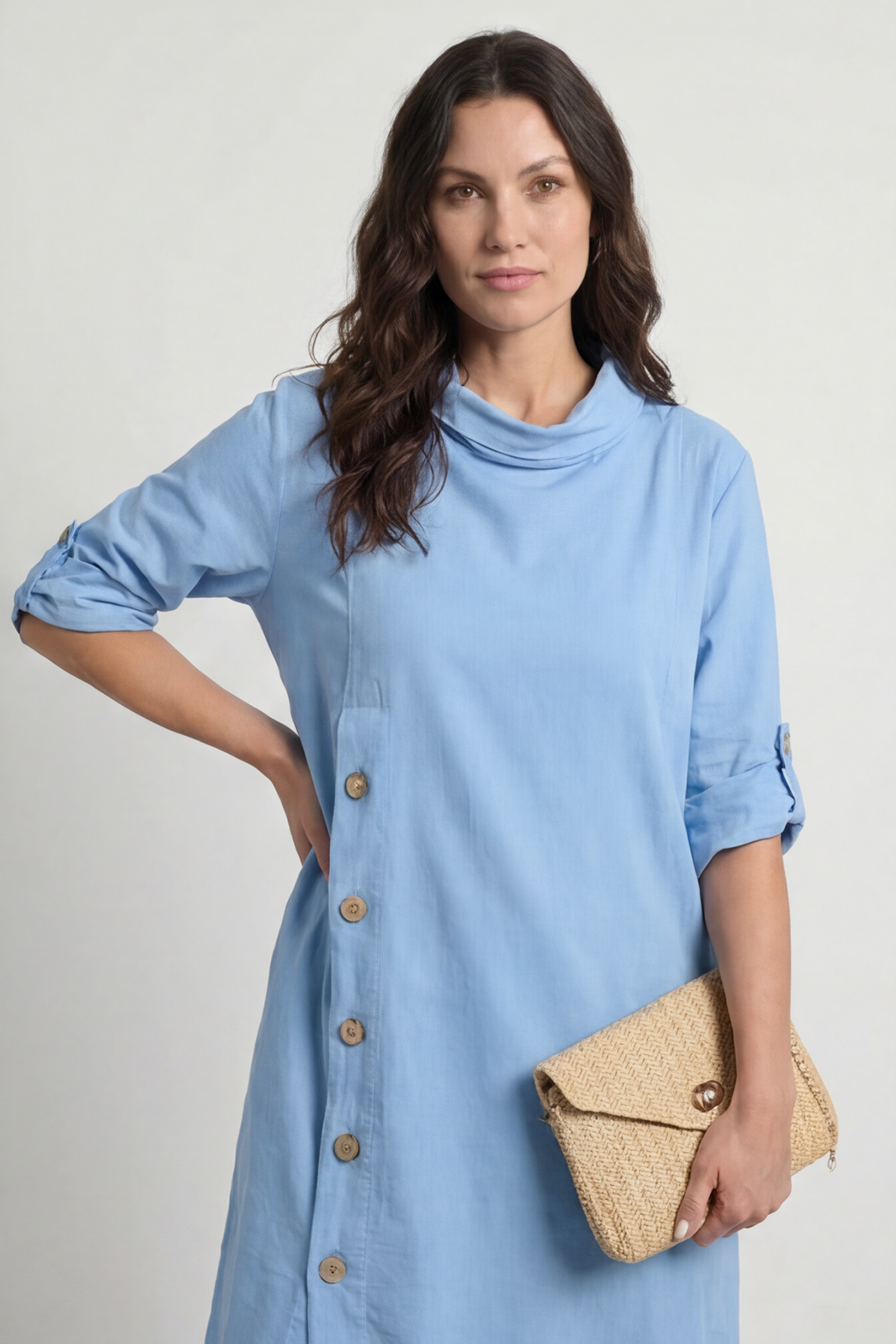 Kevina Cowl Needlecord Tunic Powder Blue