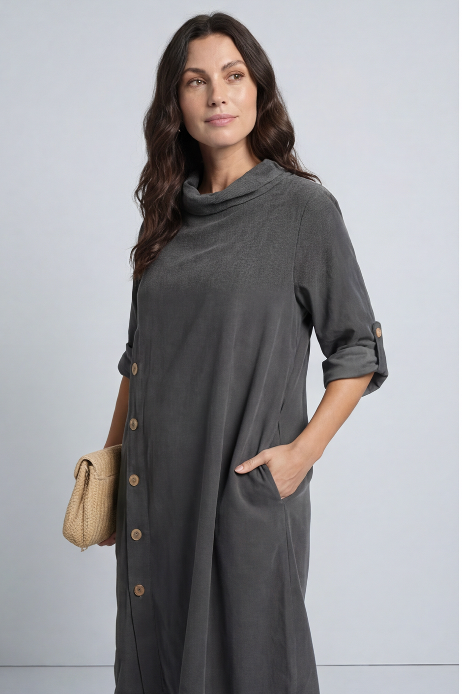 Kevina Cowl Needlecord Tunic Charcoal