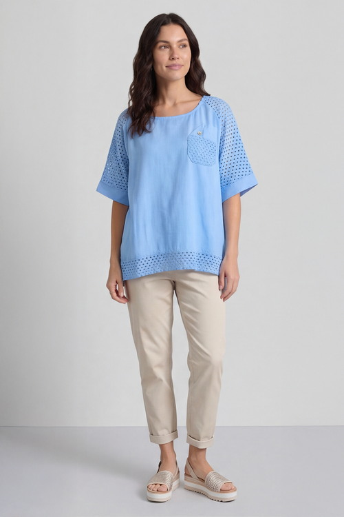 Kristiana Crochet Detail Linen Top Powder Blue - Image 2