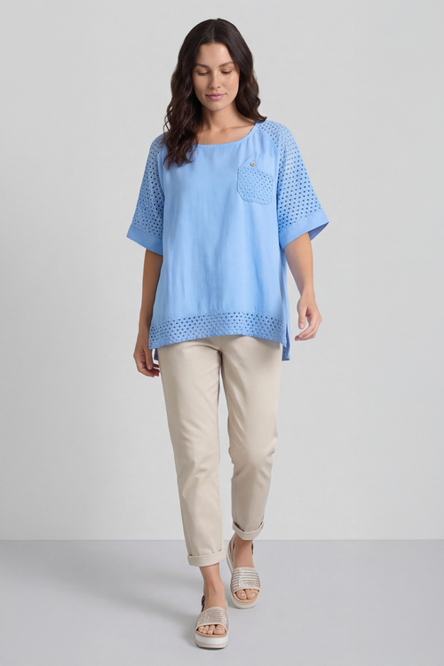 Kristiana Crochet Detail Linen Top Powder Blue - Image 5