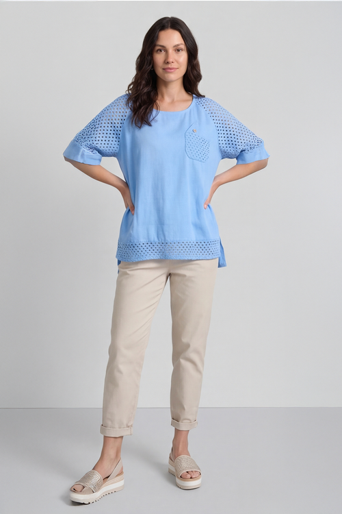 Kristiana Crochet Detail Linen Top Powder Blue - Image 6
