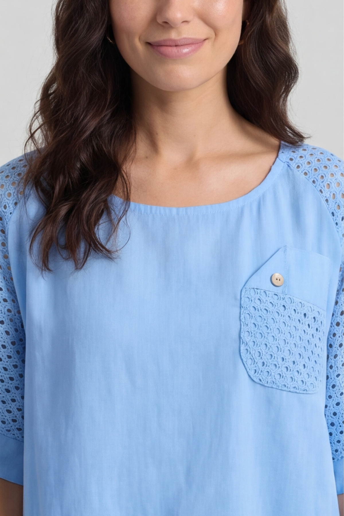 Kristiana Crochet Detail Linen Top Powder Blue